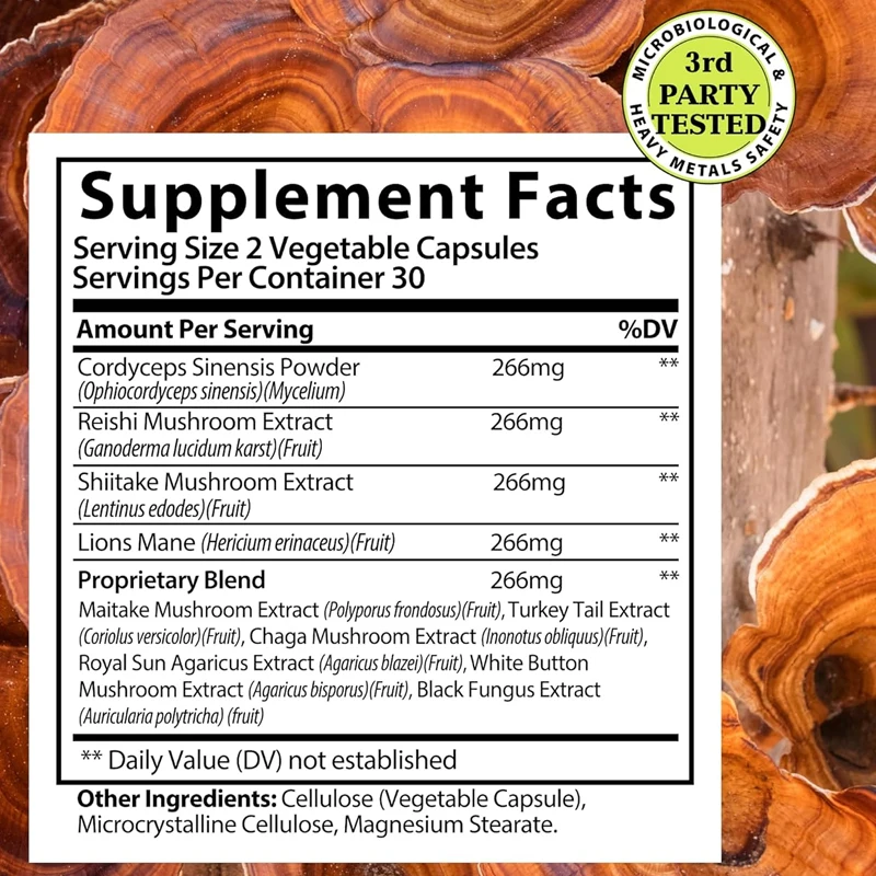 Mushroom supplement - containing Ganoderma lucidum, turkey tail, white birch mushroom extract, and cordyceps powder -60 capsules