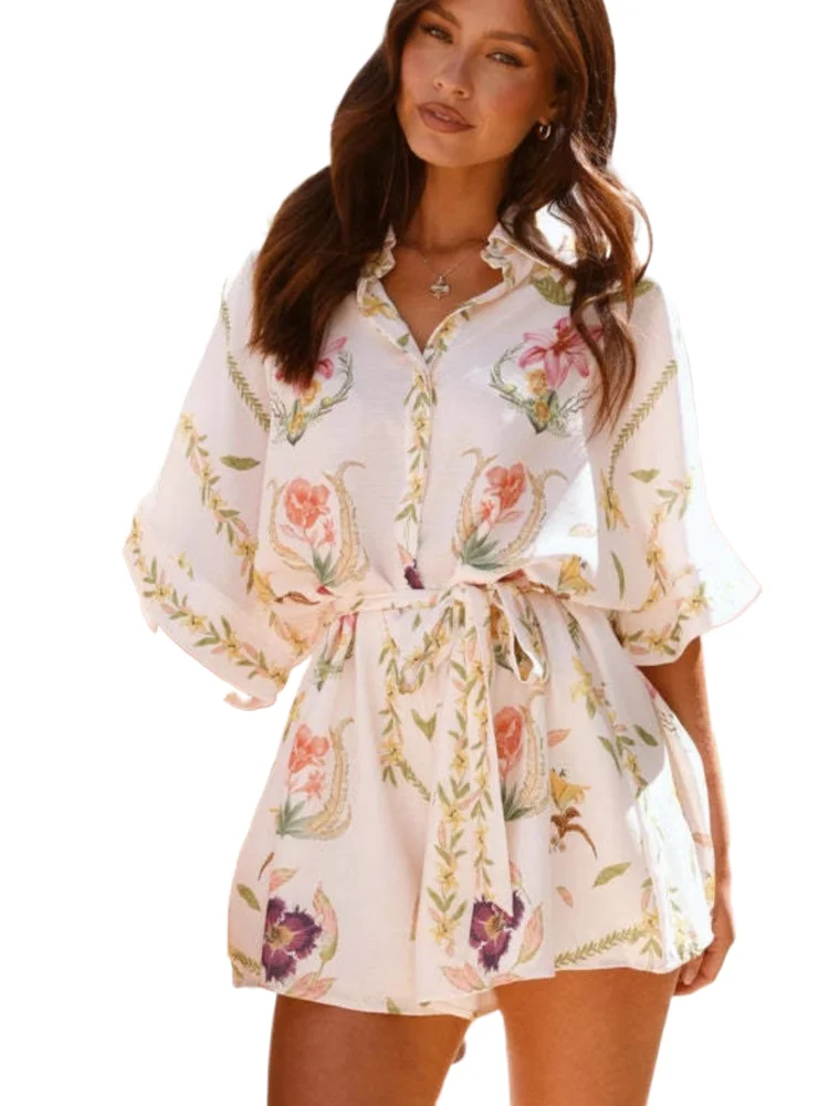 

Casual Print Jumpsuit Summer Fashion Holiday Women's New Lapel Mid-sleeved Waistband Stylish Loose Short Jumpsuits Rompers
