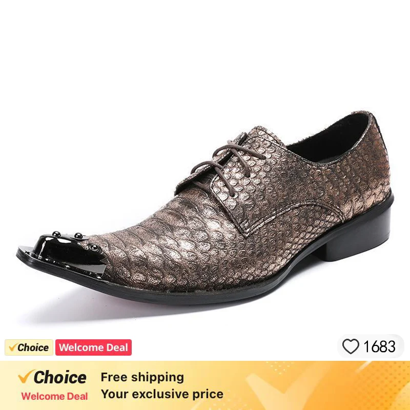 

snake skin fashion bronze genuine leather oxford shoes for men lace up steel toe mens dress wedding formal shoes