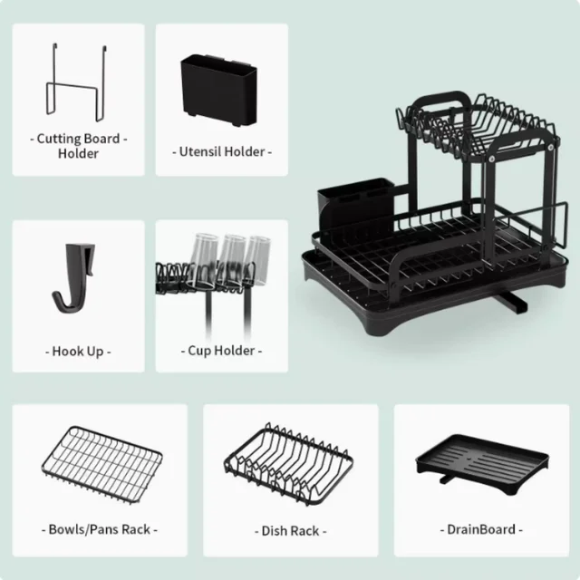 2 Tier Dish Drying Rack with Drainboard Space Saving Kitchen Countertop Organizer for Plates Bowls and Utensils 6