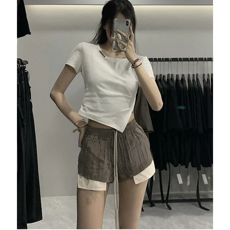 24ss Summer Rick Women\'s Shorts Hot Sale Y2k Khaki Gray Sport Owens Pants Blocking Pocket Hem Flat Draw Elastic RO Short Pants