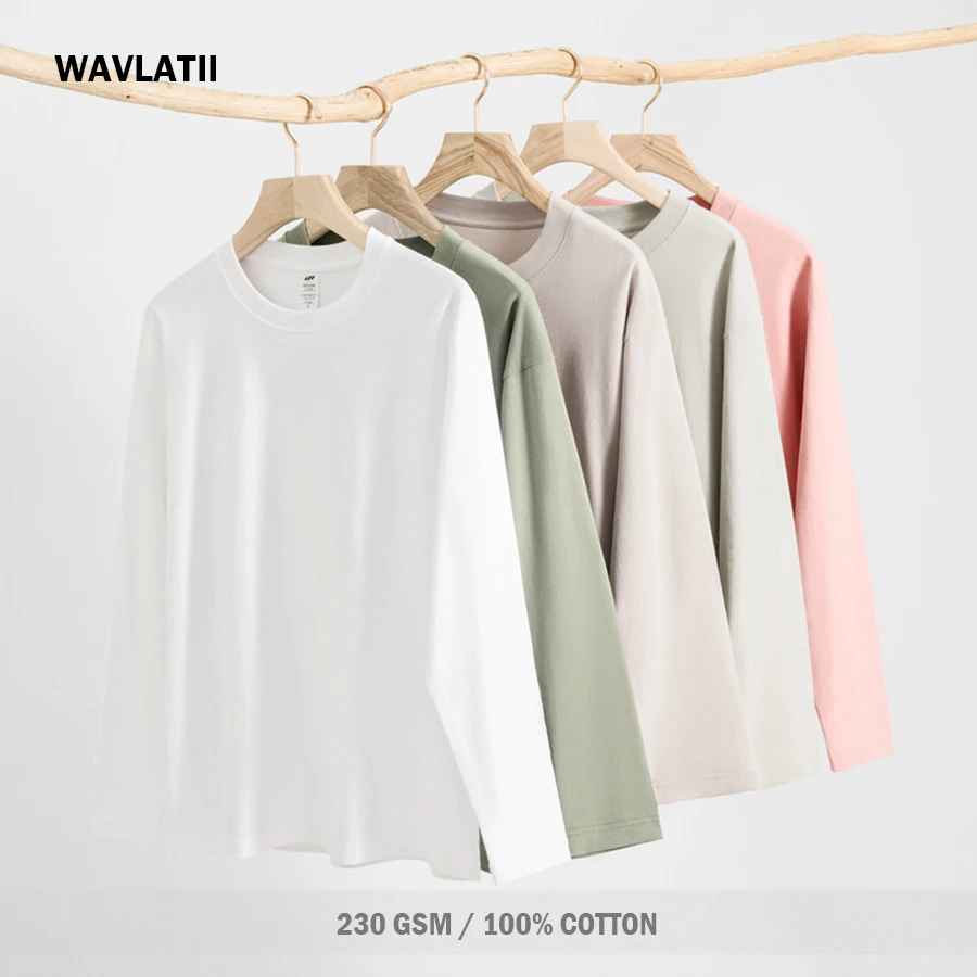 WAVLATII New Women Long Sleeve T shirts Female Blue 230 GSM Casual Oversized Tess Lady Solid Basic White Black Tops WLT2470