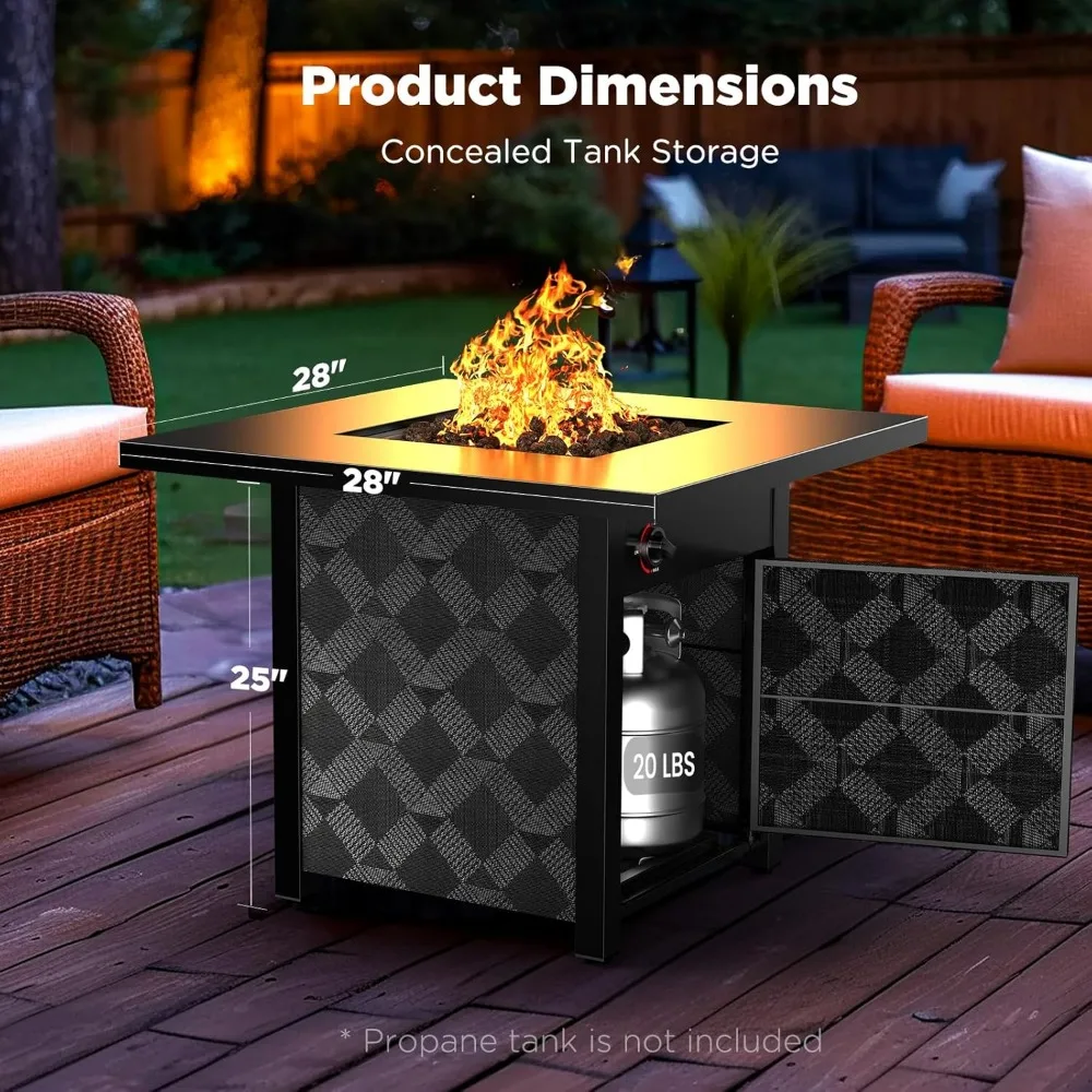 Ciays Propen Fire Pits 28 بوصة حفرة نار تعمل بالغاز في الهواء الطلق، طاولة حفرة نار مربعة بقدرة 50,000 وحدة حرارية بريطانية مع صخور الحمم البركانية، طاولة إطفاء 2 في 1 مع إزالة