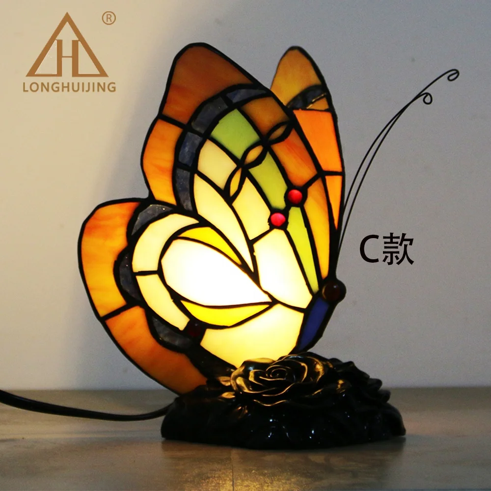 Imagem -06 - Longhuijinglgww Stained Glass Accent Lâmpada Estilo Tiffany Luz Noturna Stain Glass Base de Resina Home Decor Borboleta