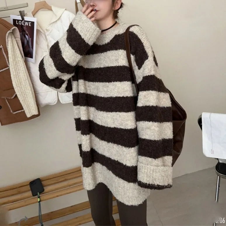 Autumn Winter New Striped Loop Yarn Knitted Women's Clothing Round Neck Medium And Long Women's Sweater With Loose Temperament