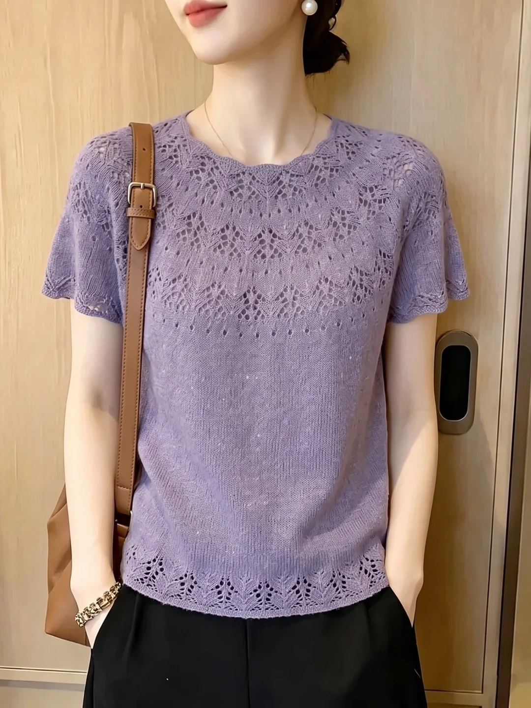 Elegant Hollow out Design Ice Silk Knitted Top Women's Fashionable Summer Shirt Lightweight Mature Style Commute Style