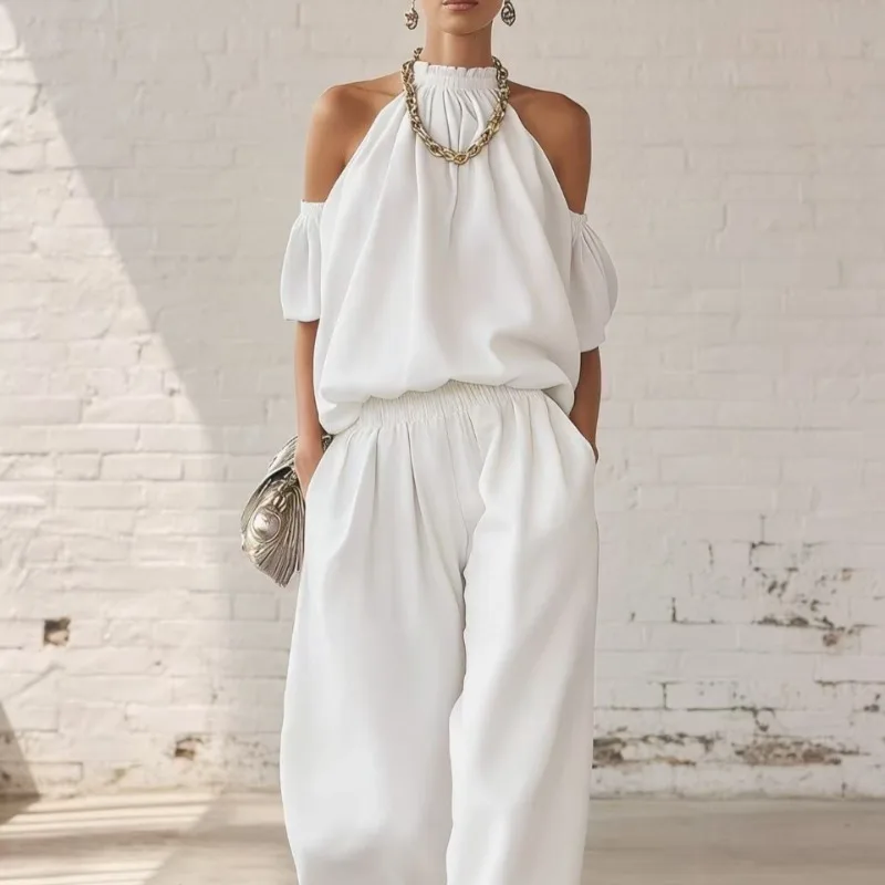 Summer New Women Wear Off-the-shoulder Halter Tops High-waisted Wide-leg Pants Casual Sets Solid-color Casual Suit Casual Style