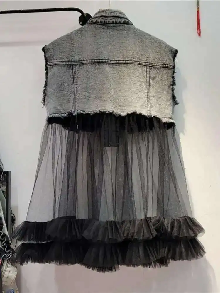 Distressed Grey Sleeveless Long Denim Patchwork Mesh Vest European Fashion Ladies Clothing Rivet Outerwear Summer new
