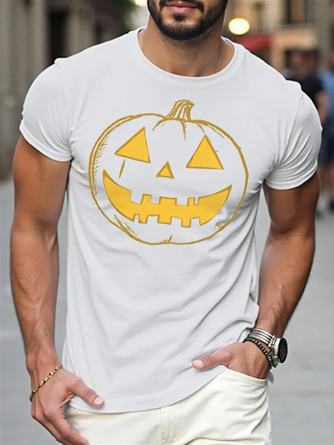 T-Shirt, White T-Shirt with a Gold Ghost Face, Breathable, Suitable for Everyday Wear and Halloween Parties, Machine Washable Clothing, Party Outfit, Suitable for Autumn Festivals, Men's Halloween Gift, Halloween