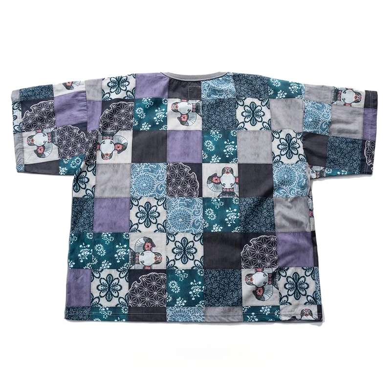 

Loose silhouette lazy casual style front and rear splicing ethnic style short-sleeved T-shirt