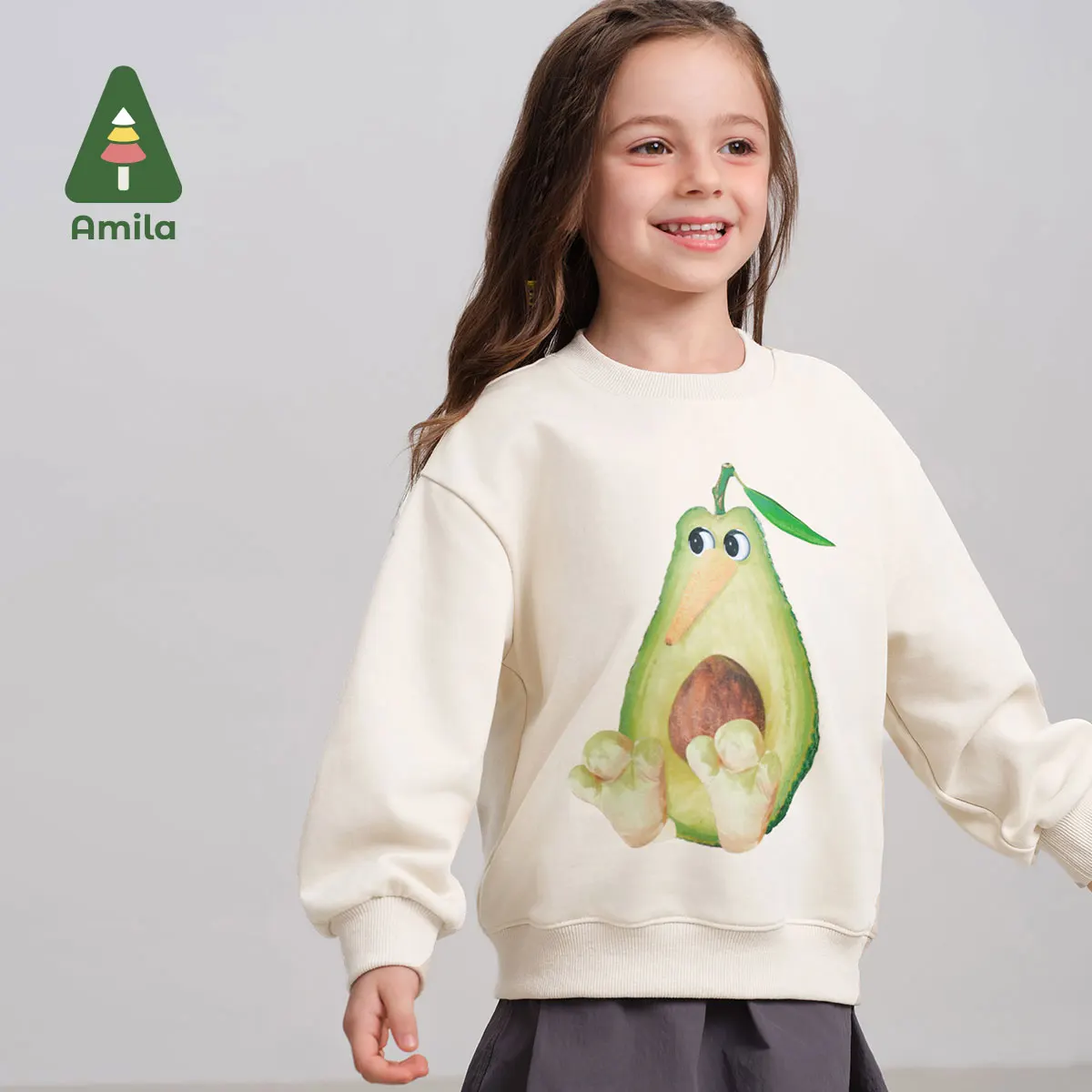 Amila Baby Sweatshirt 2024 Autumn New Boys And Girls Cartoon Round Neck Soft And Breathable Solid Color Children’s Pullover