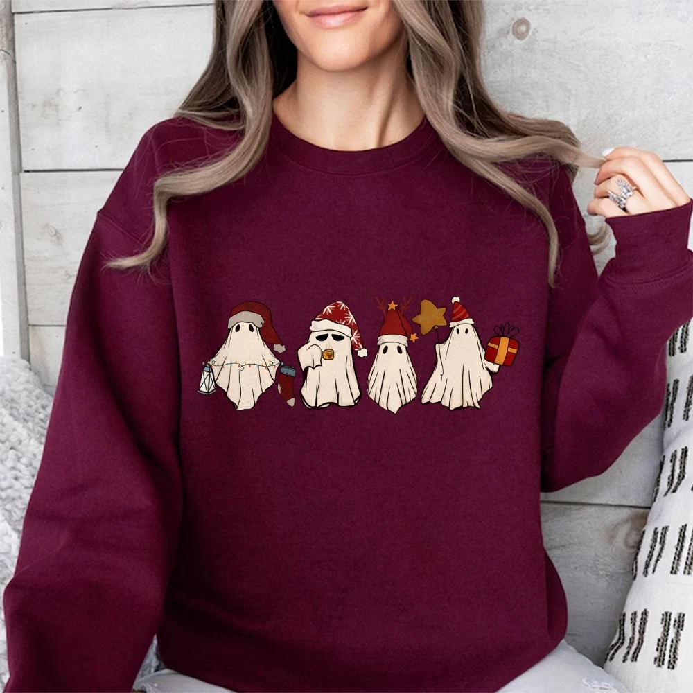 Retro Ghost Santa Sweatshirt, Christmas Santa Hat Ghosts Sweatshirt, Cute Ghost Hoodie Christmas Unisex Sweater Gift