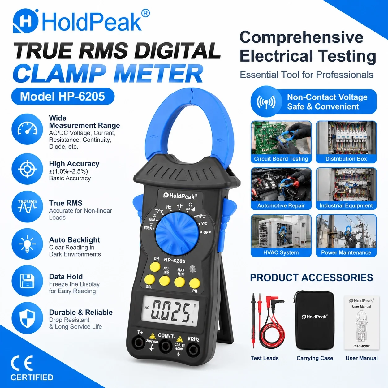 HoldPeak 6205 6000 Counts True RMS Clamp Meter AC/DC 600A Inrush Peak Hold Capacitance Temp for Industrial HVAC