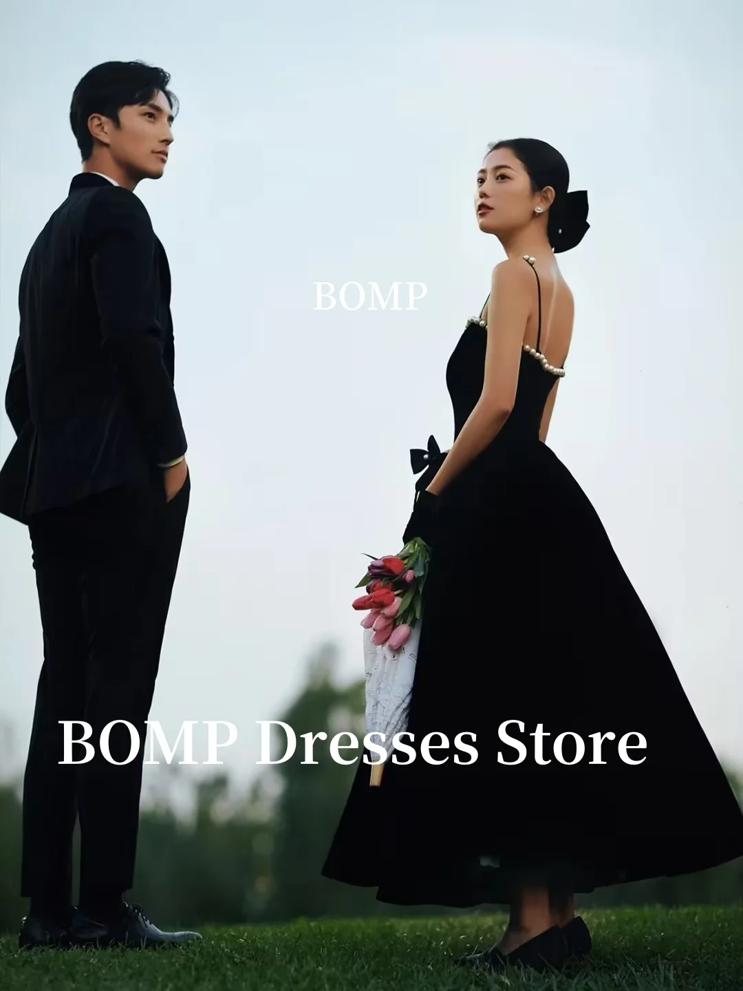 BOMP エレガントなイブニングドレス ベロア ビーズ スパゲッティ ストラップ A ライン ブライダル ドレス 韓国のウェディング ドレスの写真撮影カスタマイズ 웨딩드레스