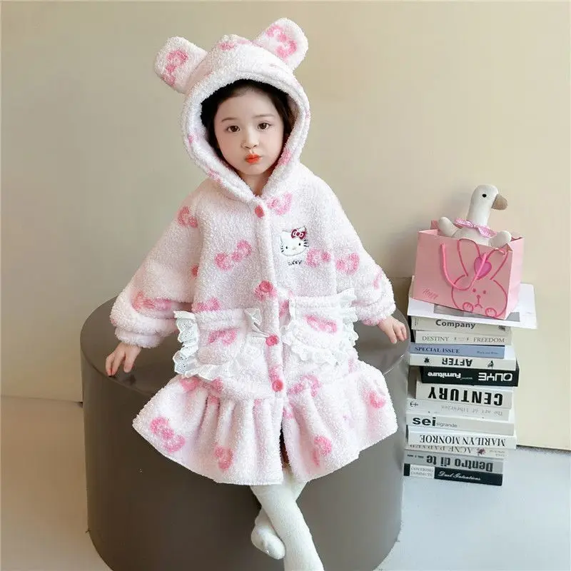 Sanrio Girl Hello Kitty Coral Velvet Pajama Robe Kawaii Children Homewear Anime Student Winter New Thickening Hooded Bathrobe view 3