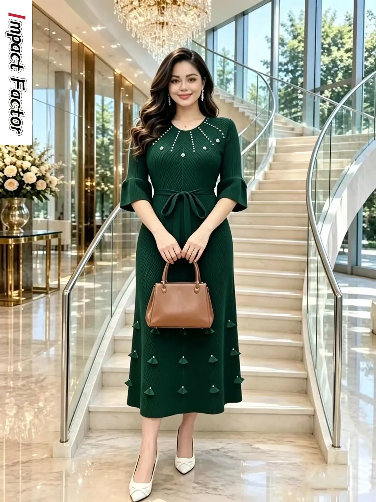 Miyake 2026 Autumn New Round Neck Bead Nail Flower Fringe Solid Color Pleated Fan Leaf Decorative Dress