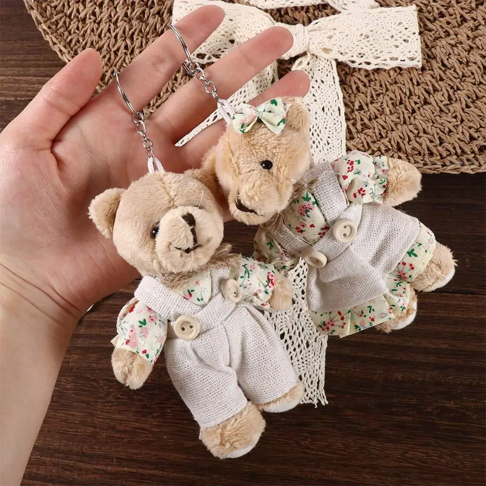 Cute Rabbit Bear Boys Girls Couple Plush Toy Pendant Country Style Linen Rabbit Bear Keychain Bag Pendant Wedding Party Toy Gift