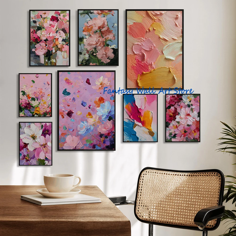 Botanical Abstract Wall Art Pink Floral Oil Painting Abstract Colourful Pastel Poster Canvas Painting Wall Pictures Home Decor
