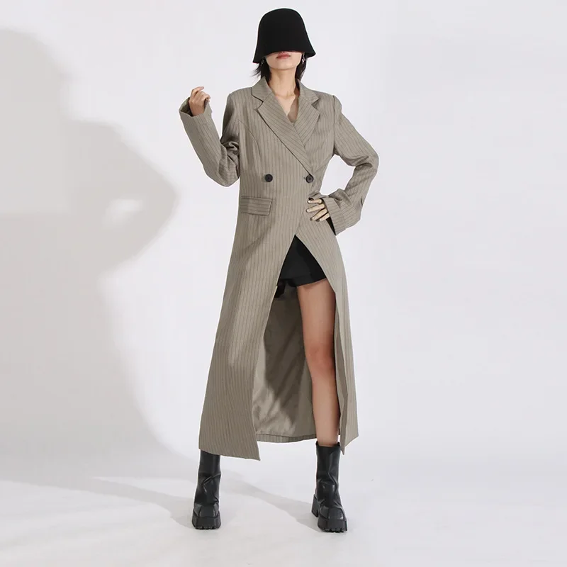 

SuperAen Japan Style Trench 2024 Autumn New Vintage Stripe Design Split Single Button Turn-down Collar High Waist Long Coats