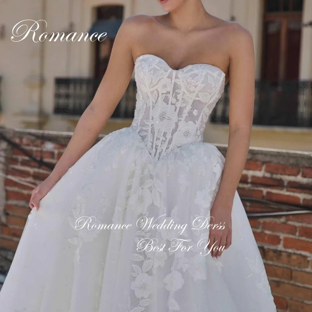 Klassieke strapless a-lijn trouwjurk dames applicaties kant backless uit de schouder rechter trein vestidos de novia aangepast