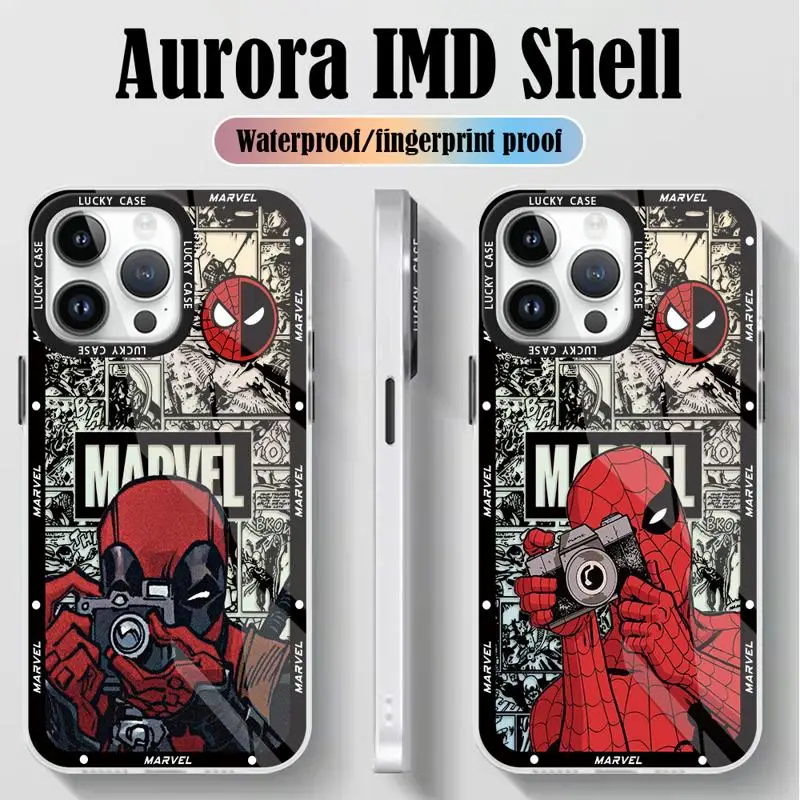 Marvel Deadpool VS Spiderman Love for iPhone 15 14 13 12 11 pro Max XS XR X 7 8 Iridescent Laser Clear Gradient Matte Phone Case