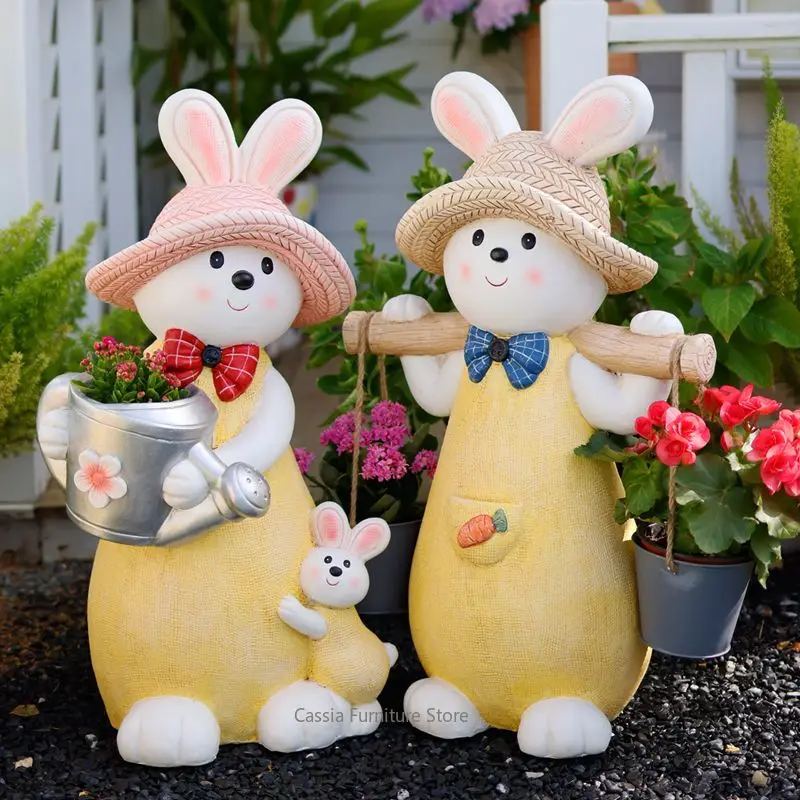 Rabbit Flower Pot for Succulents, Artistic Resin Planter for Courtyard, Rustic Animal Ornament for Preschool Patio Garden