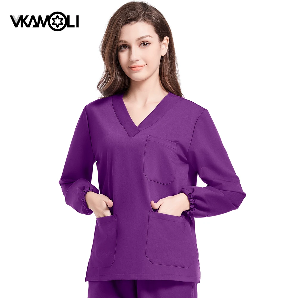 Tinta unita tessuto elastico a maniche lunghe scrub top scrub pantaloni jogger farmacia dentale laboratorio sala operatoria uniforme da lavoro