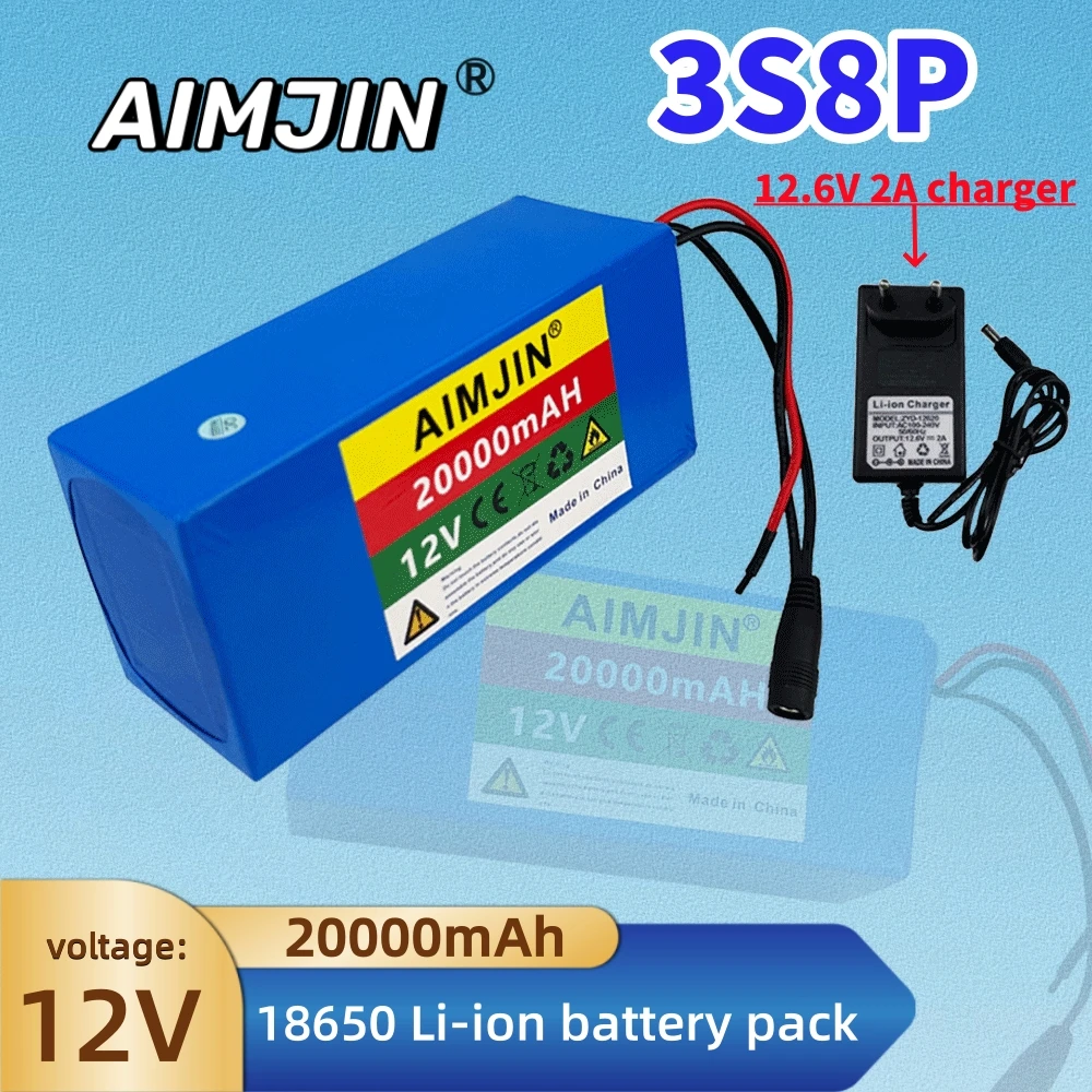 

12V 20Ah 3s8p Battery Pack 18650 Lithium ion Rechargeable Battery Protection Board 20000mAh Large Capacity,Optional with Charger