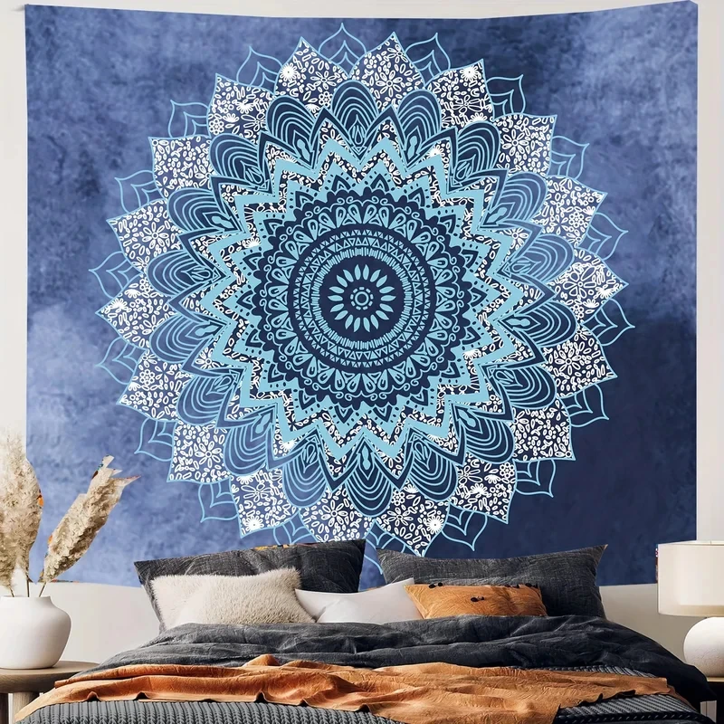 VIKAMA Blue Boho Mandala Tapestry, Floral Print Wall Hanging for Bedroom, Dorm, Living Room & Bohemian Home Decor