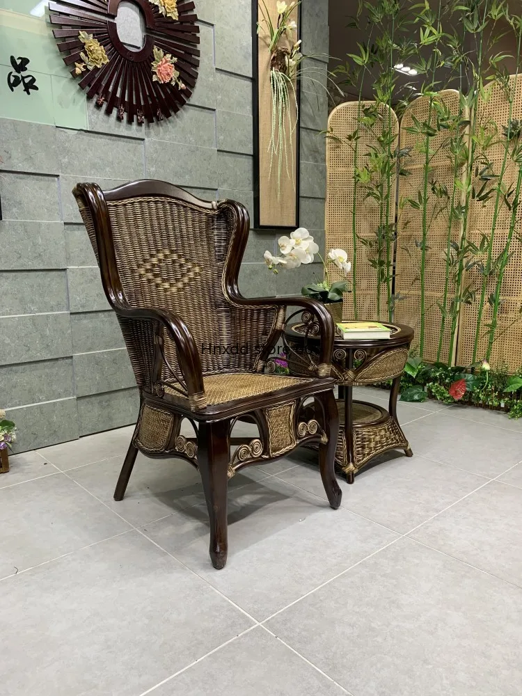 Retro natural rattan chair single office Chinese high-end casual high-back pure teng chair