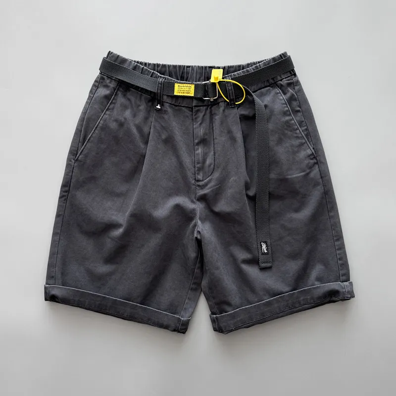 American Retro Heavyweight 100% Cotton Shorts for Men Vintage Wash Distressed Slight Loose Straight Casual Knee-Length with Belt