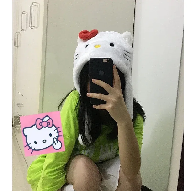 Hello Kitty Plush Hat Cartoon Cute Sweet Soft Girl Autumn Winter Warm Female Three-dimensional Hat Student Kawaii Accessories