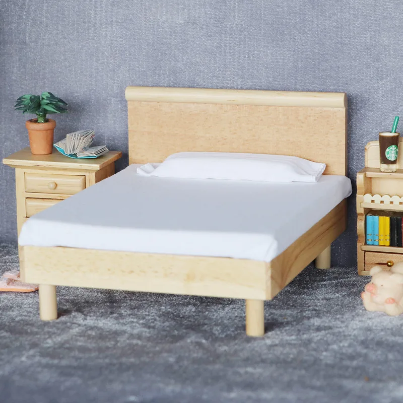 ature Wooden Double Bed for Dollhouse Bedroom Modern Scenic Micro Model Reatic Furniture Toy for Ages 2 And up