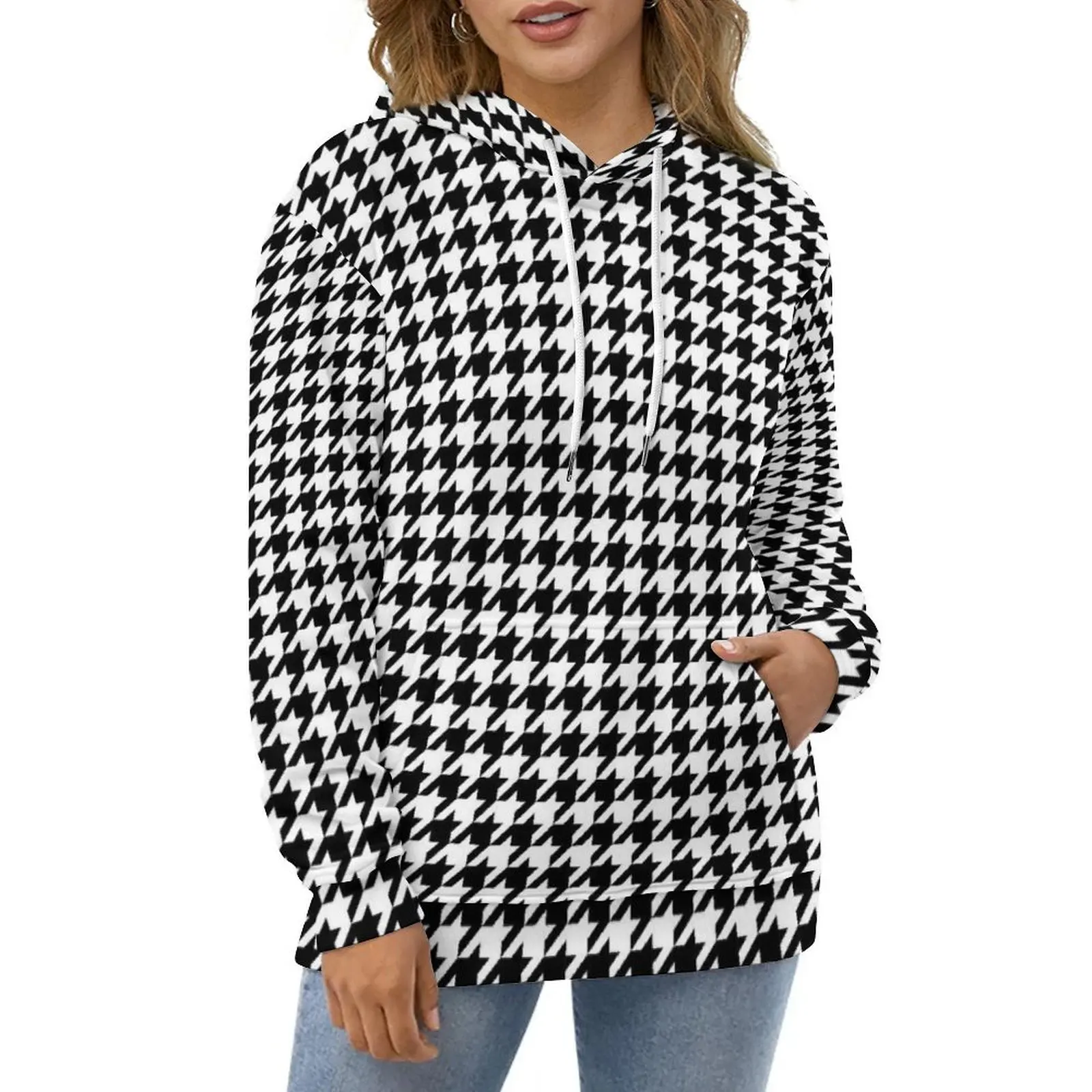 

Houndstooth Check Hoodies Long-Sleeve Black And White Retro Casual Hoodie Winter Hip Hop Oversized Pattern Loose Sweatshirts