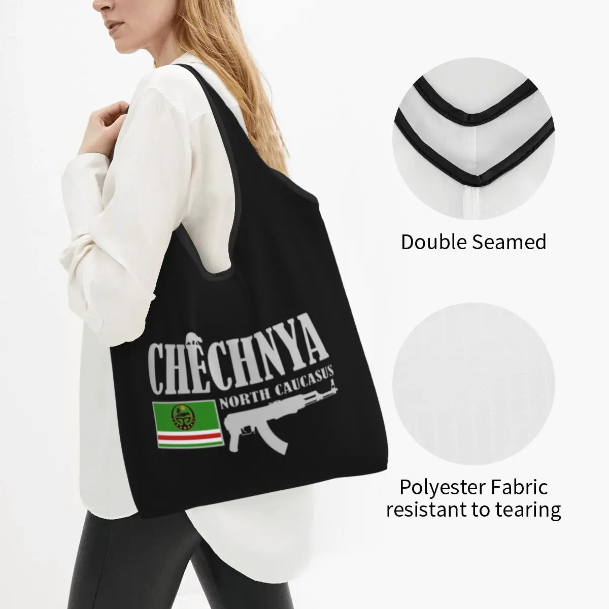 Chechnya Fighter Groceries Shopping Bag Funny Shopper Tote Shoulder Bag Big Capacity Portable Chechen Flag Handbag