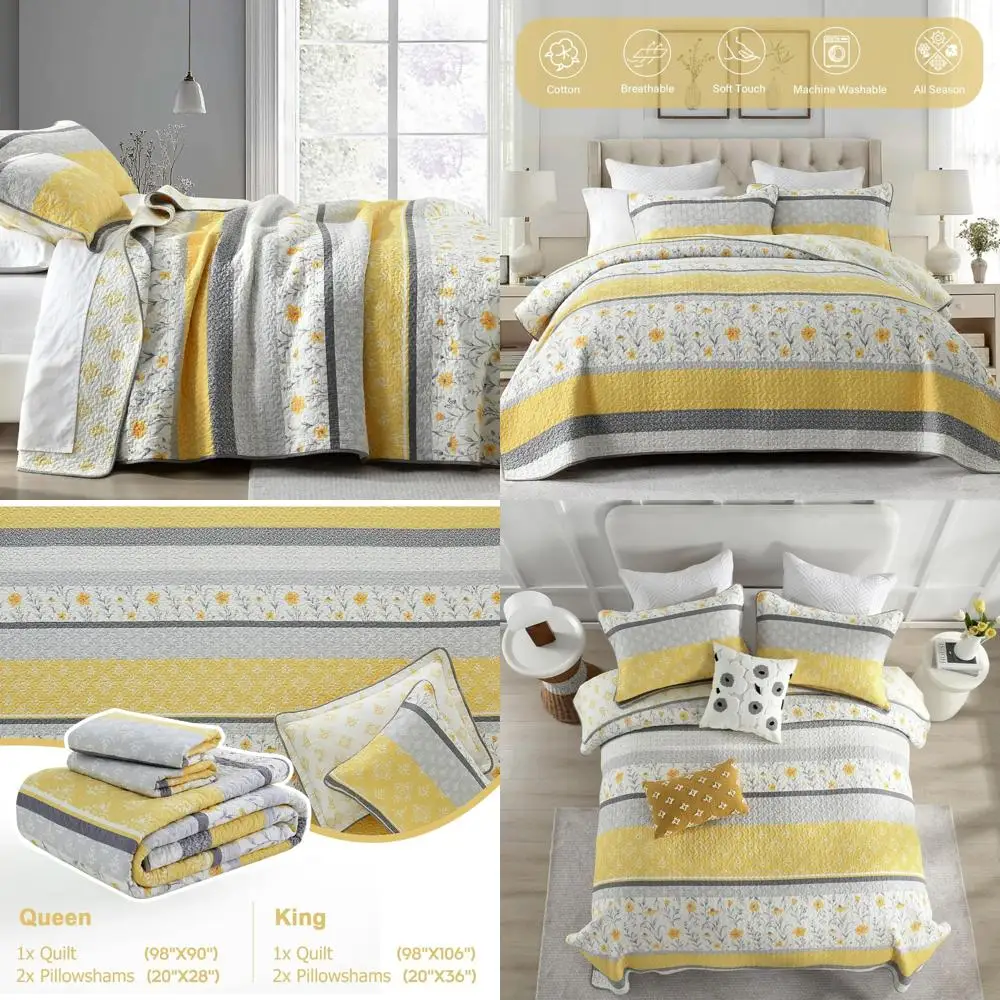 

Cotton Farmhouse King Quilt Set with Yellow and Gray Floral Pattern