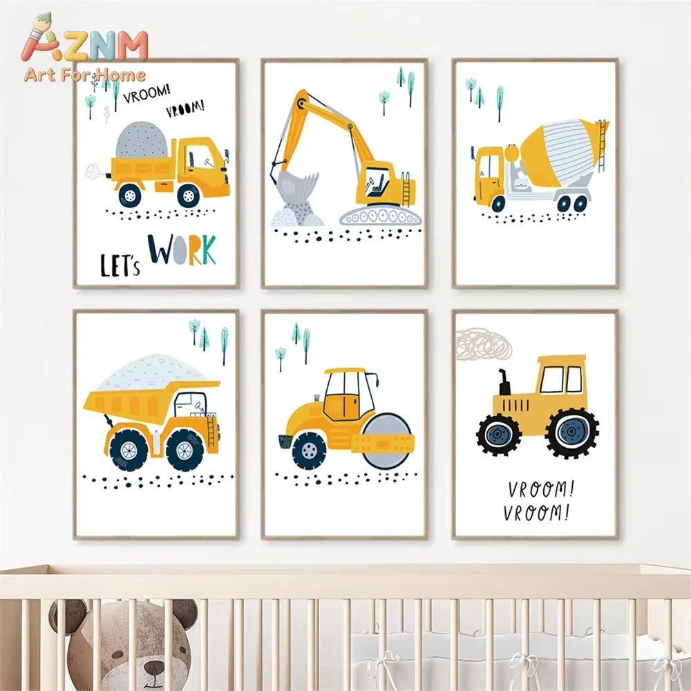 Child Poster Cartoon Tractor Truck Excavator Crane Canvas Painting Nursery Wall Art Print Nordic Wall Pictures Room Decor