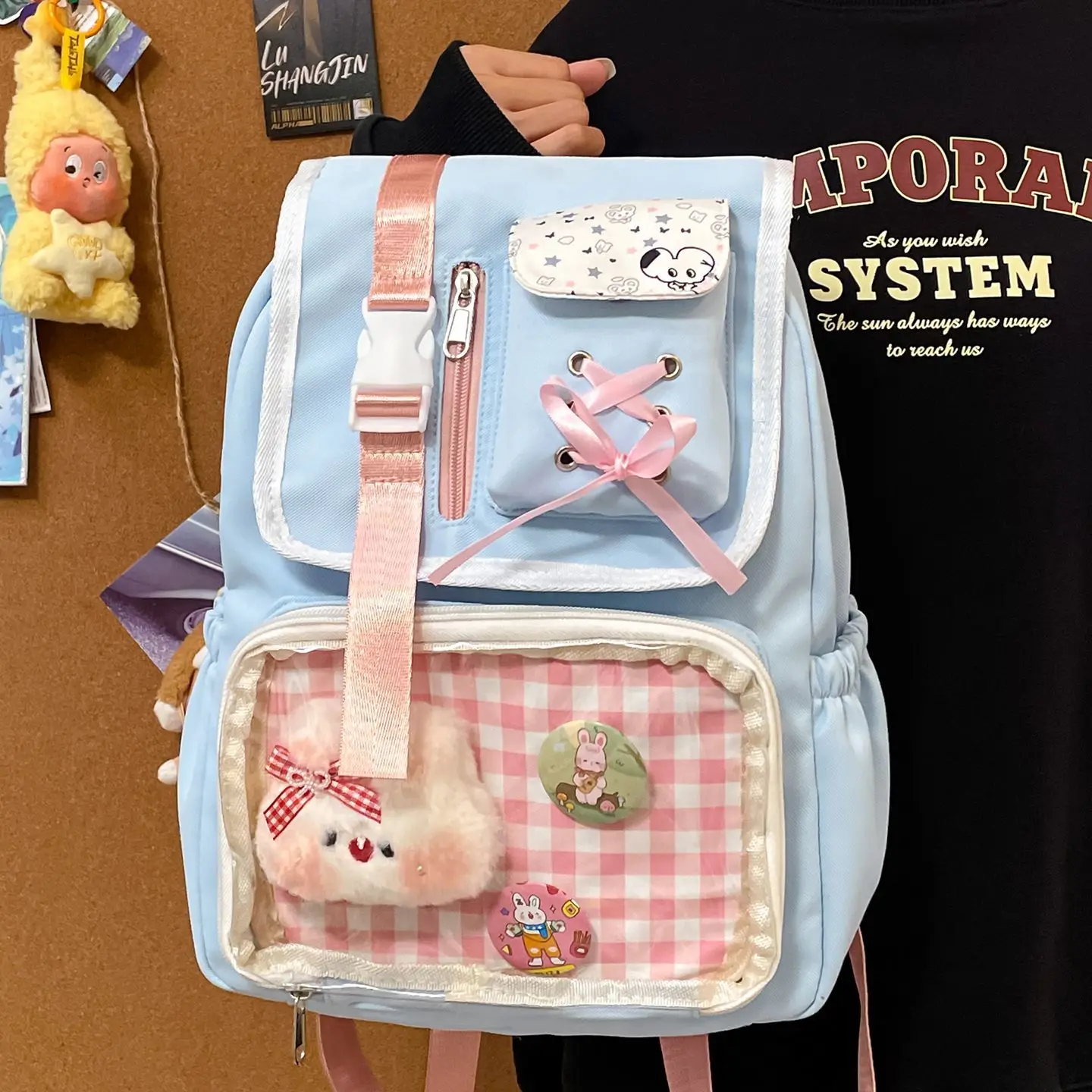 

Richme Dopamine Ita Bag Female 2025 Harajuku Students Multi Pockets Mochilas Para Mujer DIY Anime Badge Cross Ribbon Backpack