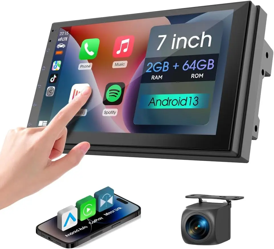 

7" Double Din Car Stereo with Wireless Apple CarPlay, Android Auto, Bluetooth 5.0, Touchscreen, Backup Camera