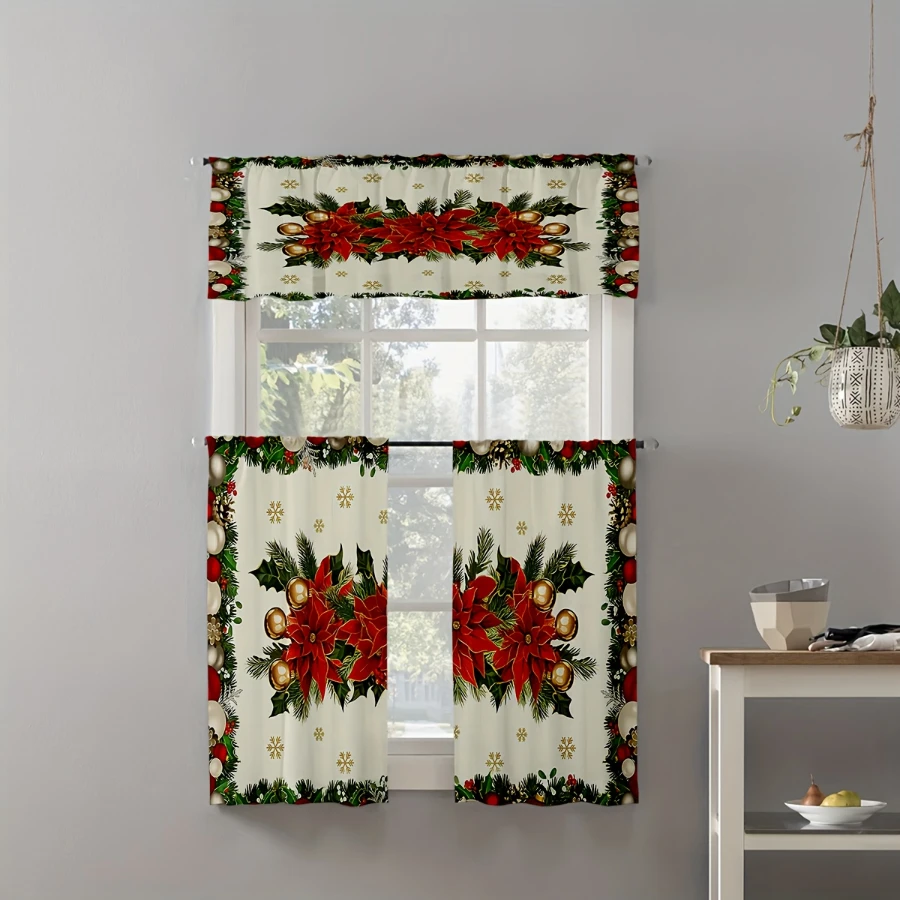 3PCS Poinsettia Christmas Ball Holly Kitchen Curtain Set, Festive Holiday Decor Rod Pocket Window Curtains for Kitchen