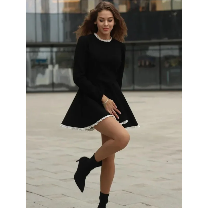 Jinia black lace mini dress for women fashion patchwork high waist elegant vintage dress summer patchwork party dress gown 2025