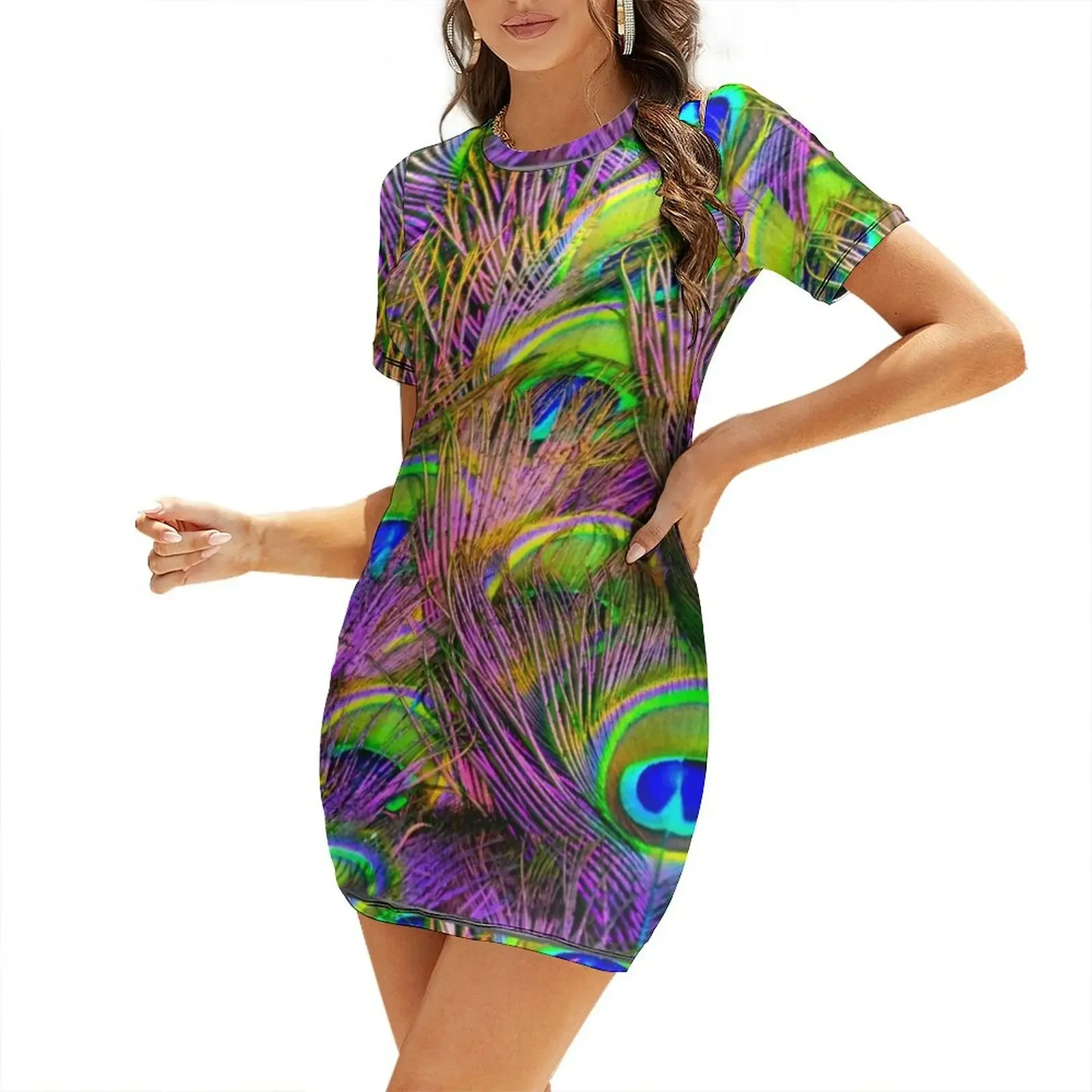 

Beautiful Vivid Peacock Feathers Short-Sleeved Dress Female dress african dresses for woman Dance dresses Dress