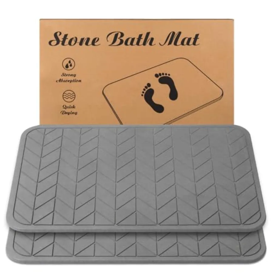Stone Bath Mat, Diatomaceous Earth Shower Mat, Non-Slip Super Absorbent Quick Drying Bathroom Floor Mat, 2 Pack, Grey