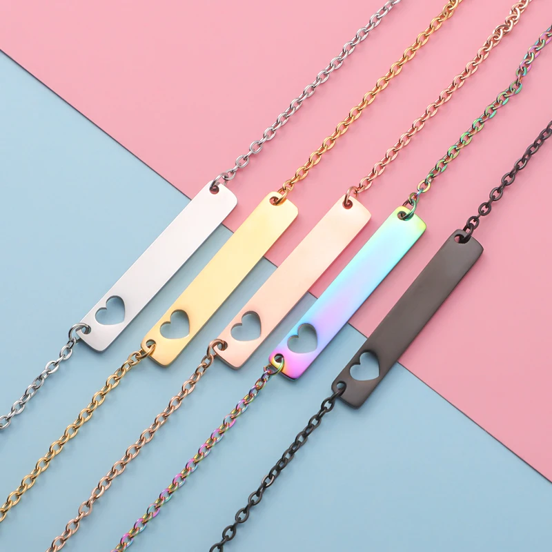 Fnixtar 10Pcs/Lot 18inch Stainless Steel Mirror Polish Hollow Heart Blank Bar Pendant Necklace 35*6mm DIY Necklace For Women\'s