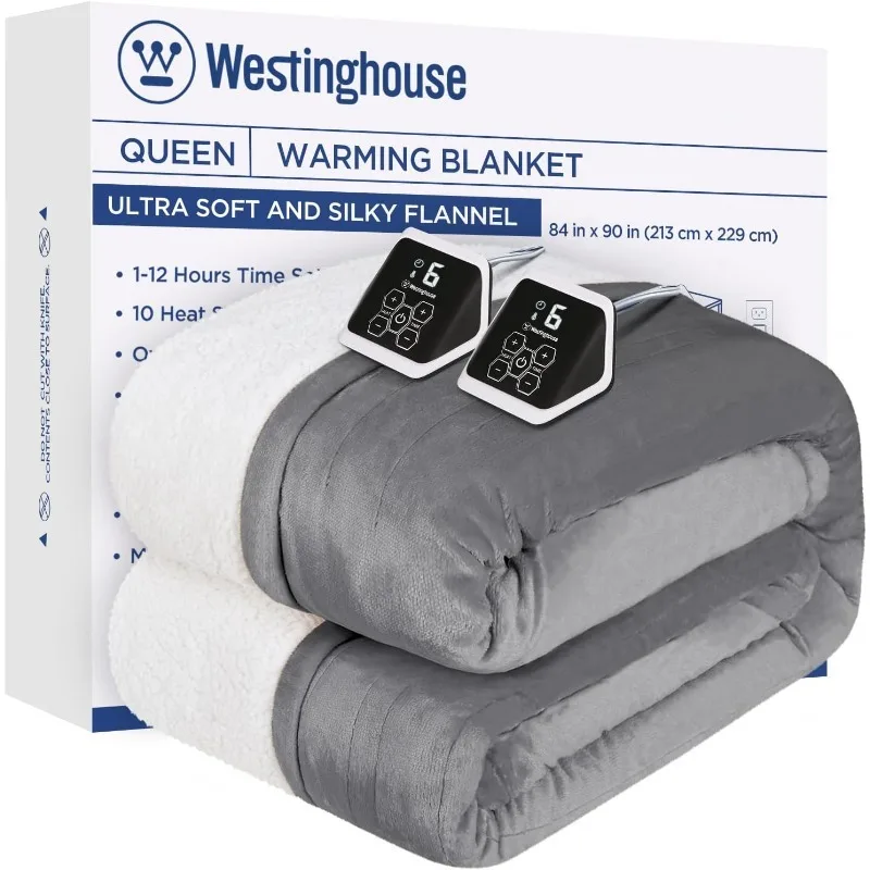 Westinghouse Heated Blanket Queen Size, Soft Flannel to Sherpa Electric Blanket with 10 Heating Levels, 12 Hours Auto Off