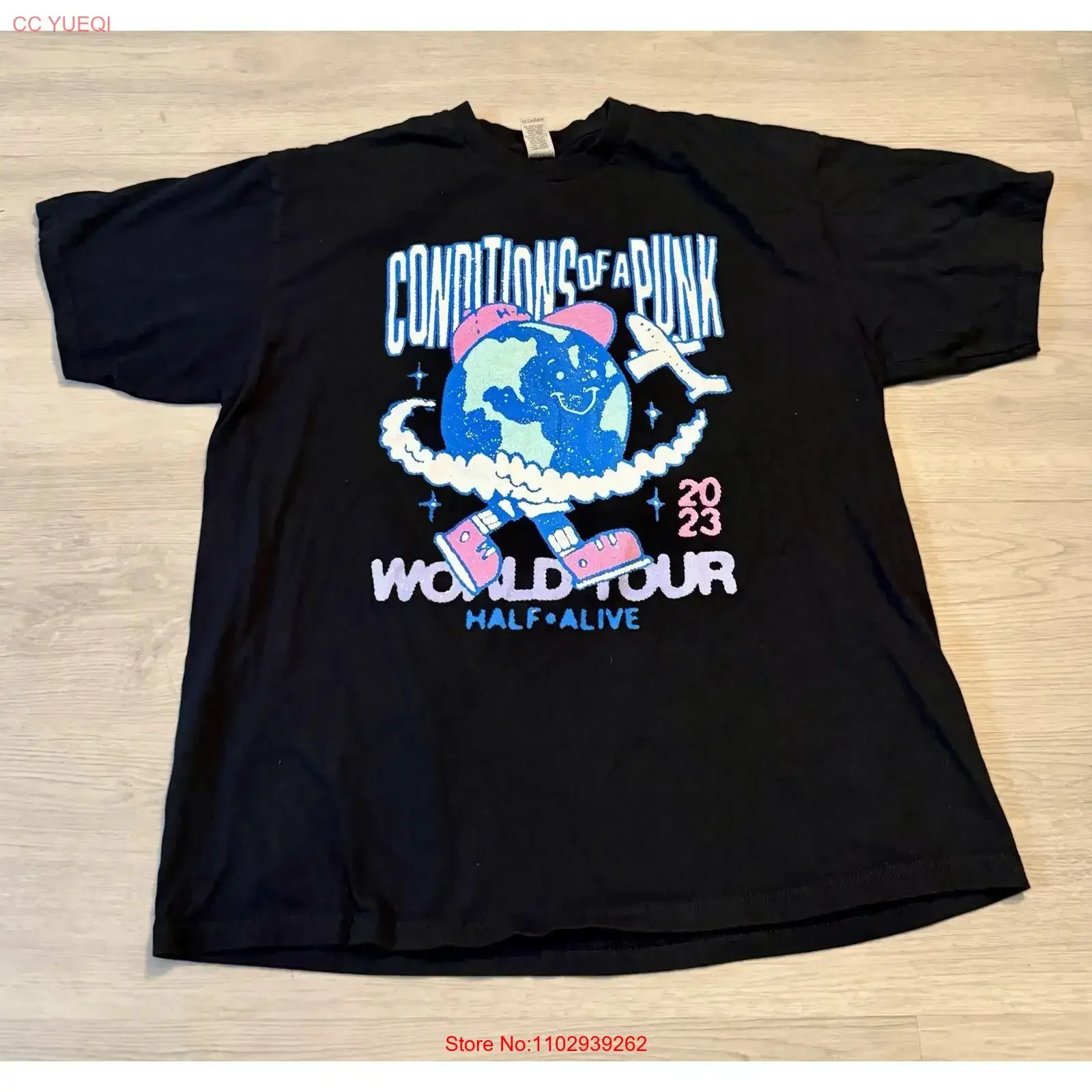 T-shirt noir vintage délavé et extensible, confortable, style streetwear, de la tournée mondiale Conditions of a Punk Half Alive 2023, taille XL