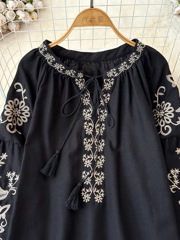 Sleeves Fashion Tops Bohemian Style 2024 Summer New Embroidered Design Loose Blouse Women Lace-up Collar Lantern