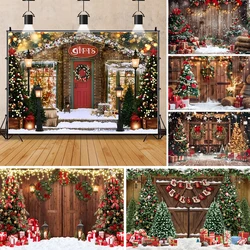 2024 Christmas Photography Background Xmas Eve Christmas Tree Snowy Barn Wooden Door Living Room Banner Poster Photo Backdrop