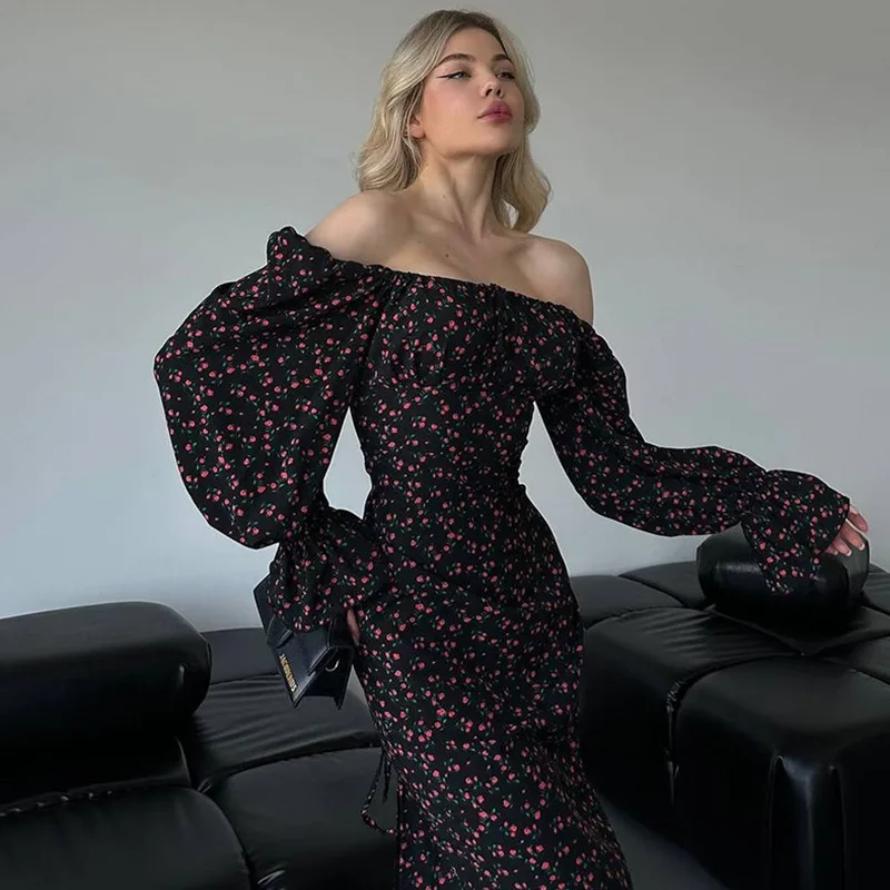 YJ24348 Herfst 2024 Nieuwe Stijl Bodycon Modieuze Lange Mouw Bloemen Stropdas Slim Fit Jurk Voor Vrouwen