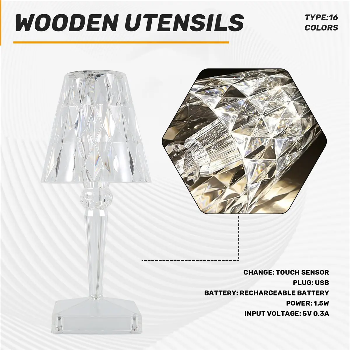 A48U 16Colors Table Lamp Crystal LED Bar Table Lamp Rechargeable Touch Sensor Dimming Bedside Lamps for Bedroom Decor
